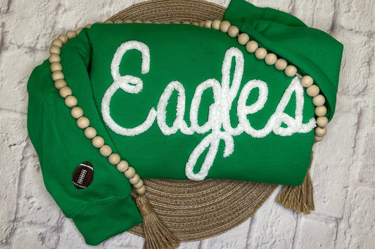 Eagles Embroidered Chenille Yarn Crewneck with Embroidered Sleeve.